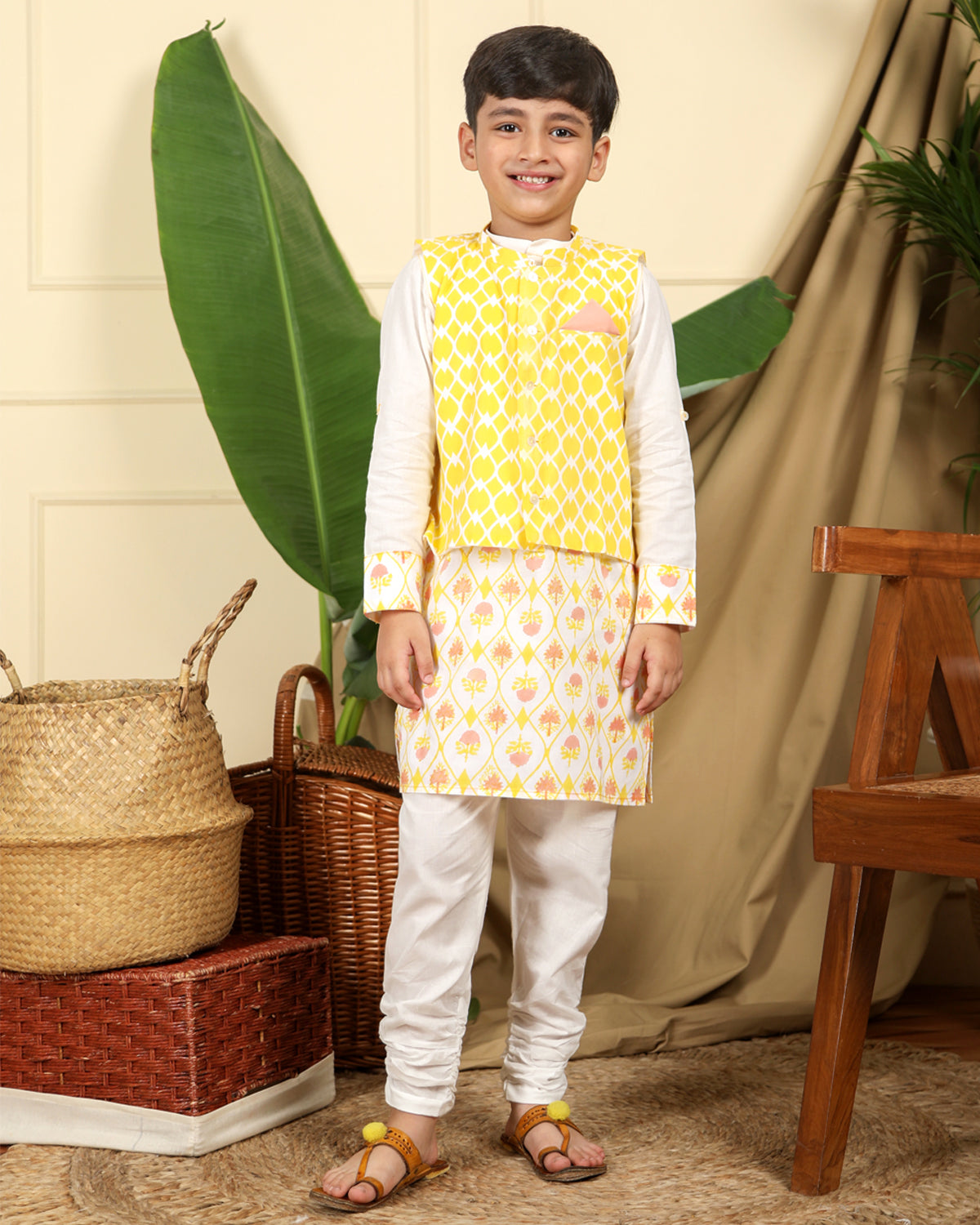 Zahra Boys Ethnic Hand Block Printed Kurta with Nur Bandi Nehru Jacket and Churidaar Set