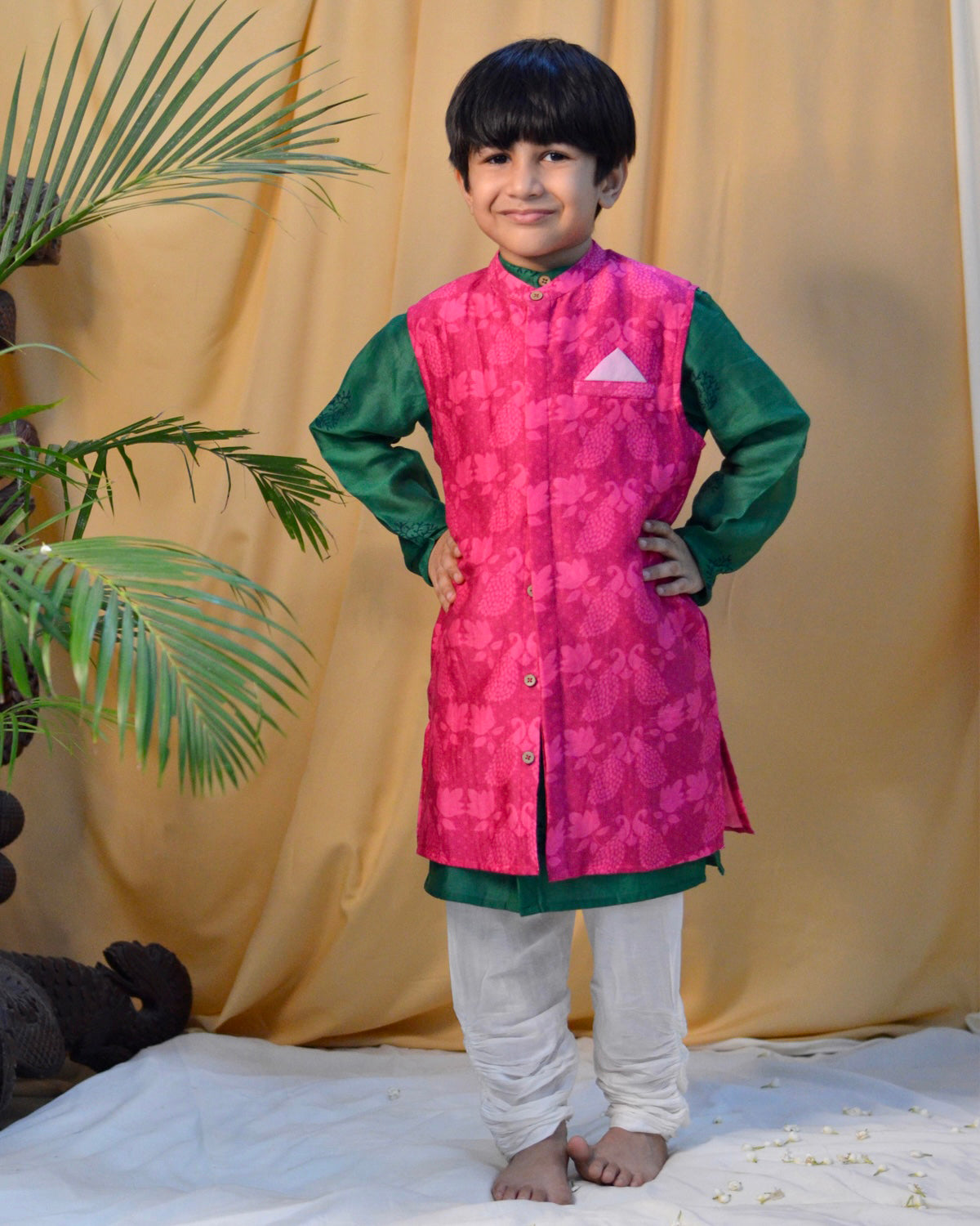 Panna Cotton Silk Green Block Printed Kurta with Pink Long Sherwani Jacket and Churidaar