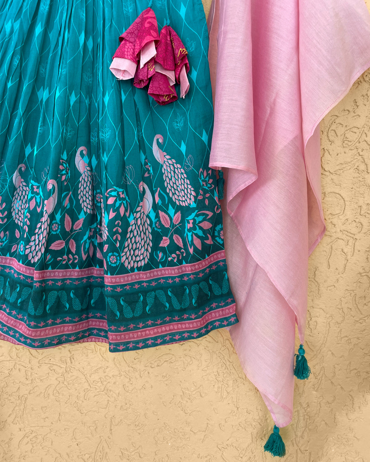Firoza Cotton Silk Printed Lehenga with Zari Embroidered Blouse and matching Dupatta, Turquoise Blue