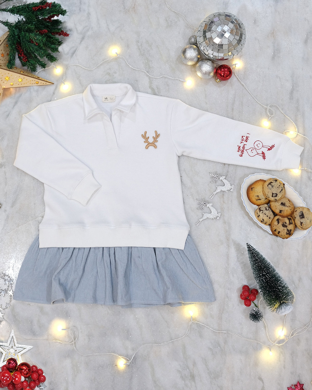 Vanilla Cotton Fleece Sweatshirt Dress with Detachable Reindeer Patch, White