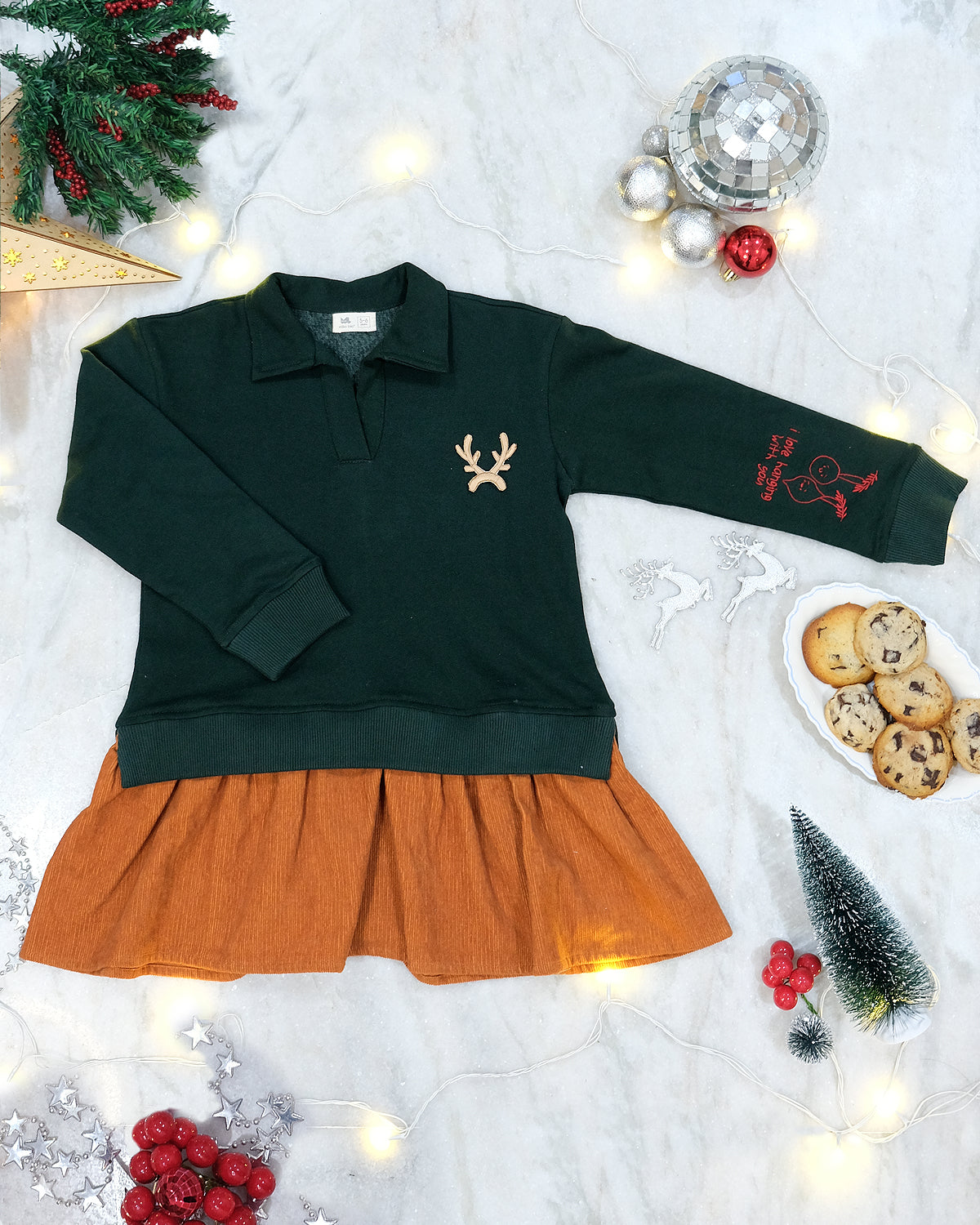 Elf Cotton Fleece Sweatshirt Dress with Detachable Reindeer Patch, Dark Green
