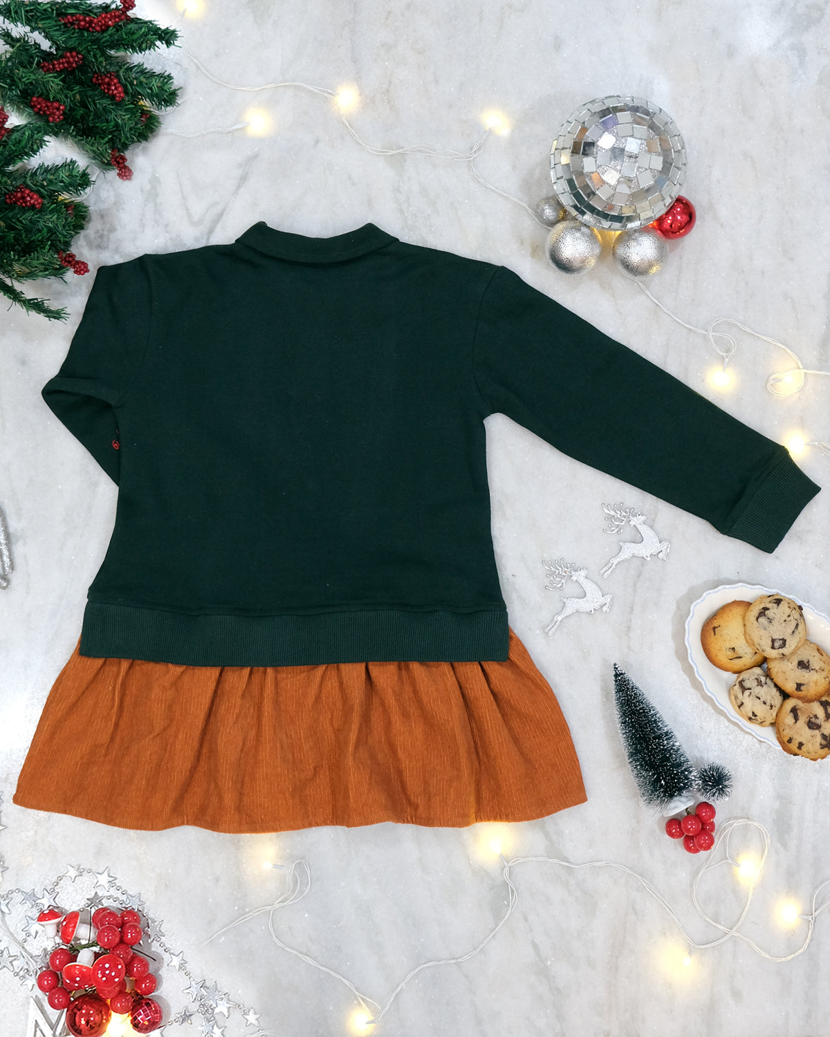 Elf Cotton Fleece Sweatshirt Dress with Detachable Reindeer Patch, Dark Green