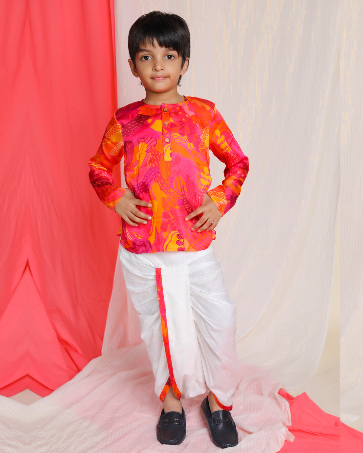 Palash Dhoti-Kurta Set, Pink & Yellow