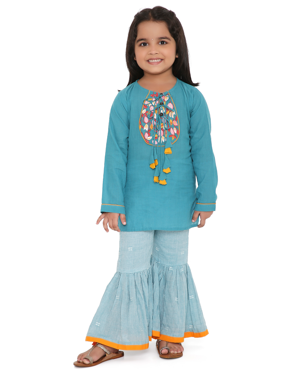 Ambar Embroidered Full Sleeves Kurta with Sharara Pants, Blue