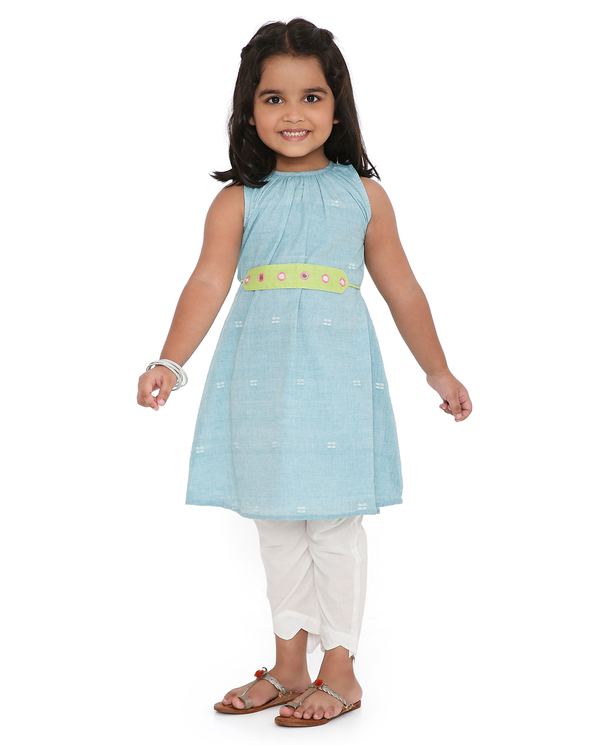 Baadal Kurta in Jamdani Cotton with Pyjama and Embroidered Belt, Blue