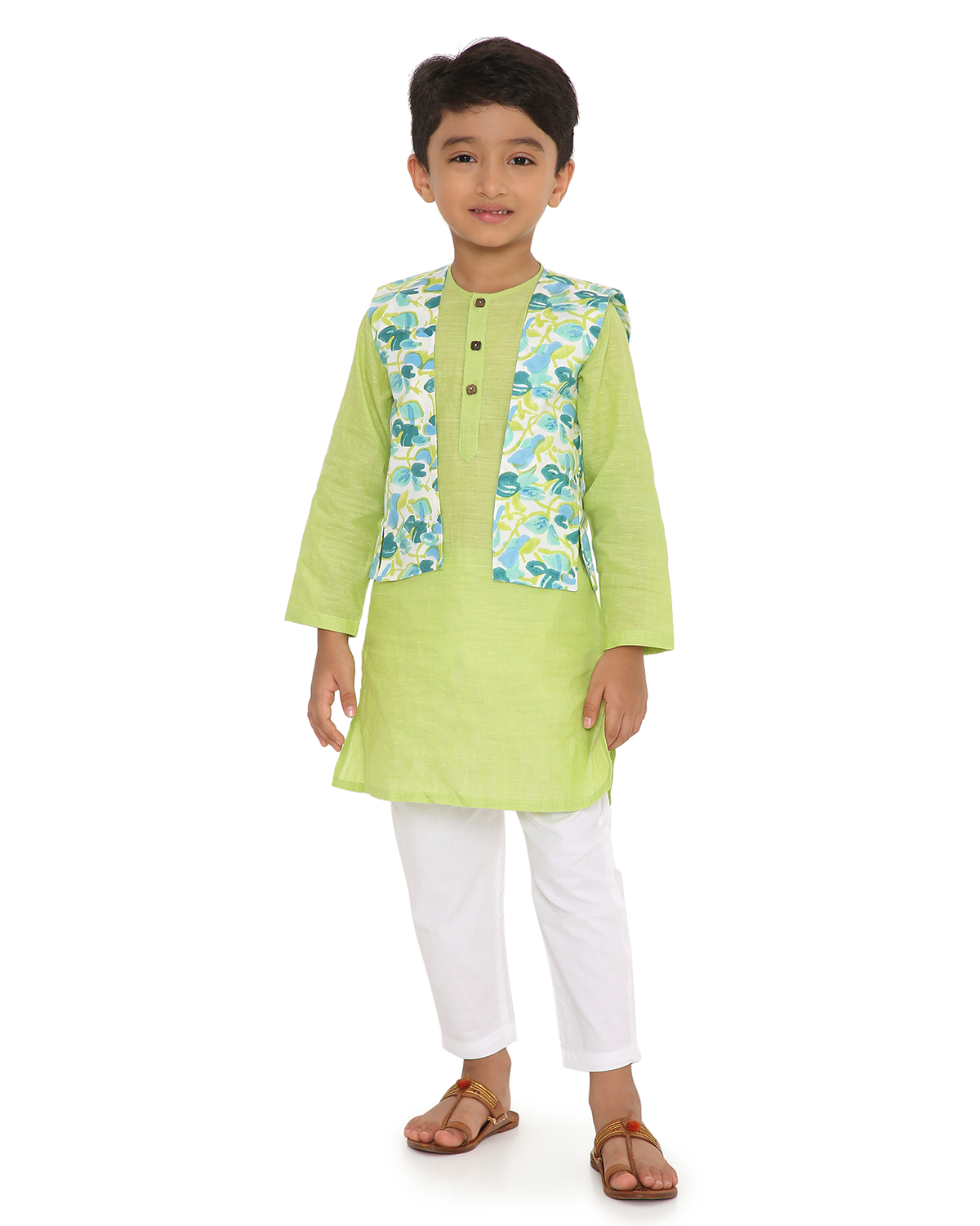 Nimbu Cotton Kurta with Handblock Printed Jacket and Pyjama Set, Green