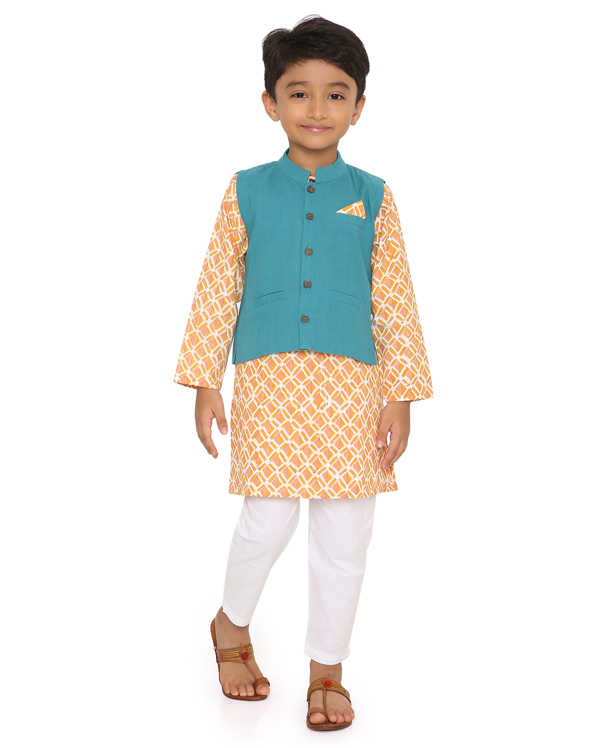 Genda Handblock Printed Kurta with Churidaar & Jacket, Orange and Blue