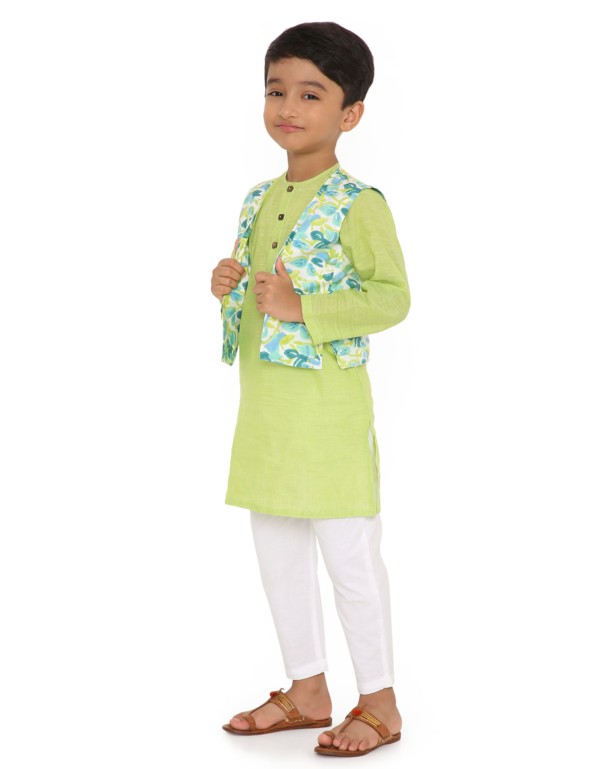 Nimbu Cotton Kurta with Handblock Printed Jacket and Pyjama Set, Green