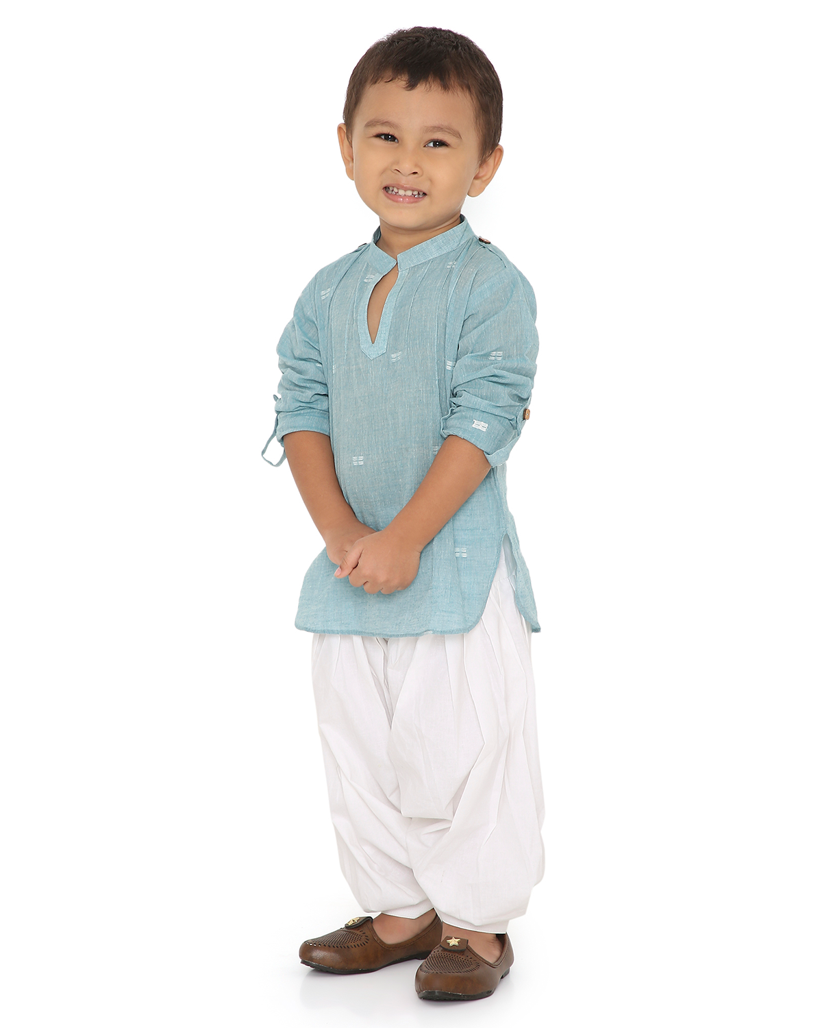 Baadal Pathani Kurta with Patiala Salwar Set in Jamdani Cotton, Blue