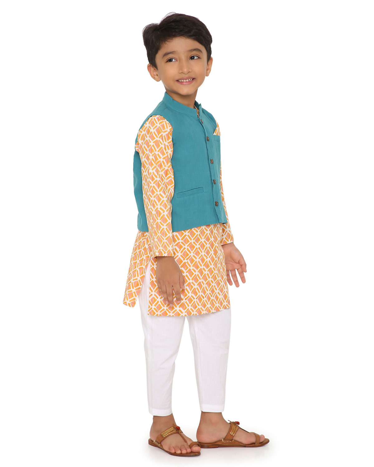 Genda Handblock Printed Kurta with Churidaar & Jacket, Orange and Blue