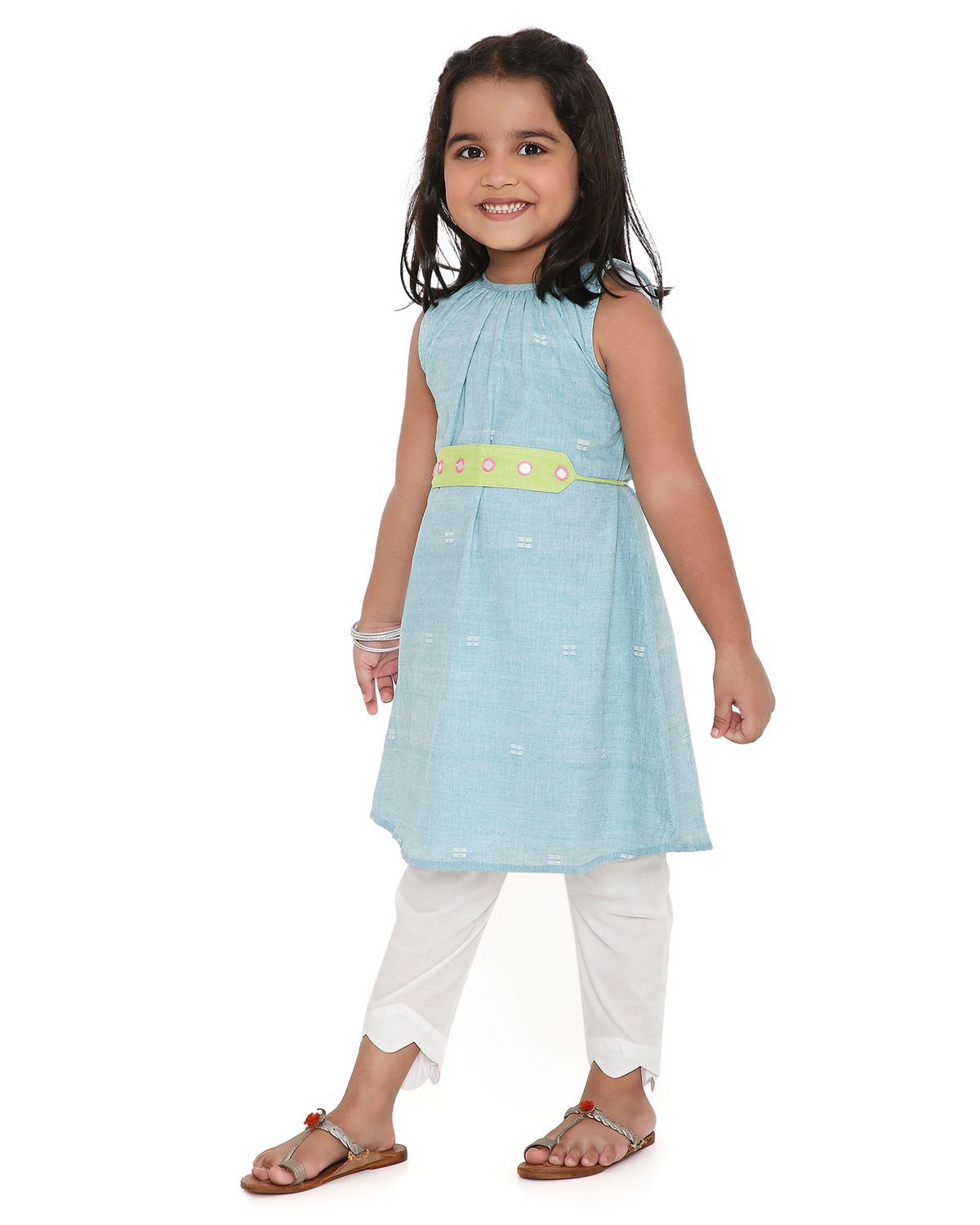 Baadal Kurta in Jamdani Cotton with Pyjama and Embroidered Belt, Blue