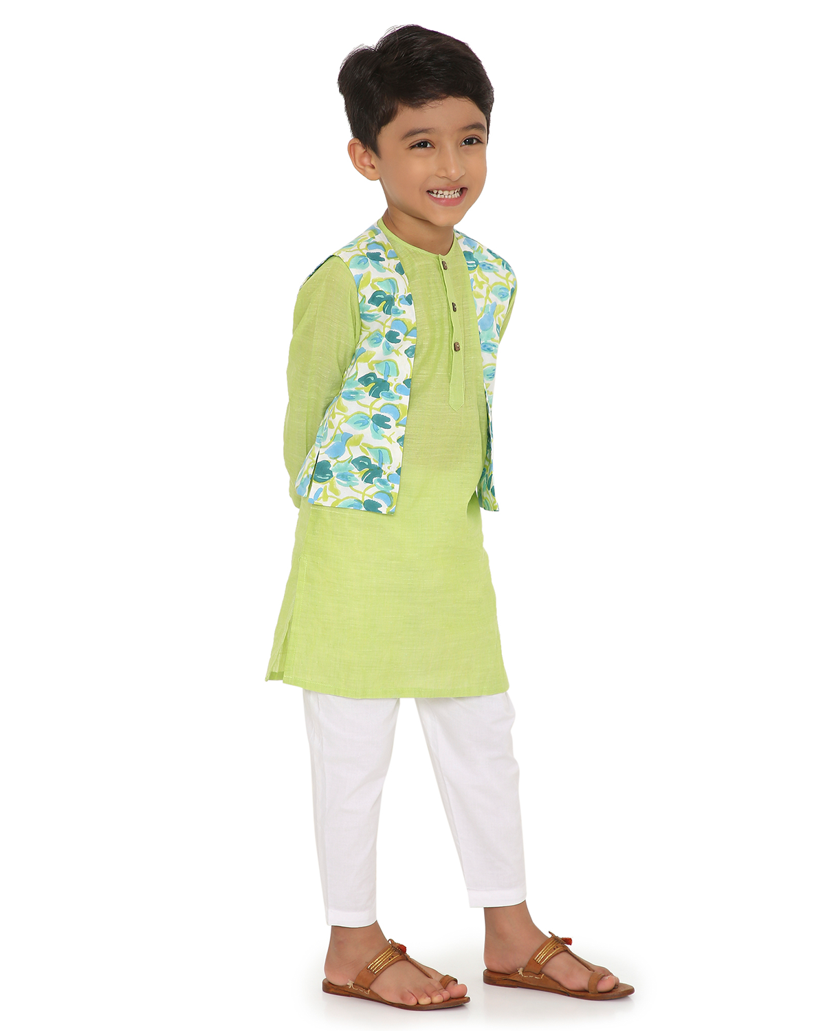 Nimbu Cotton Kurta with Handblock Printed Jacket and Pyjama Set, Green