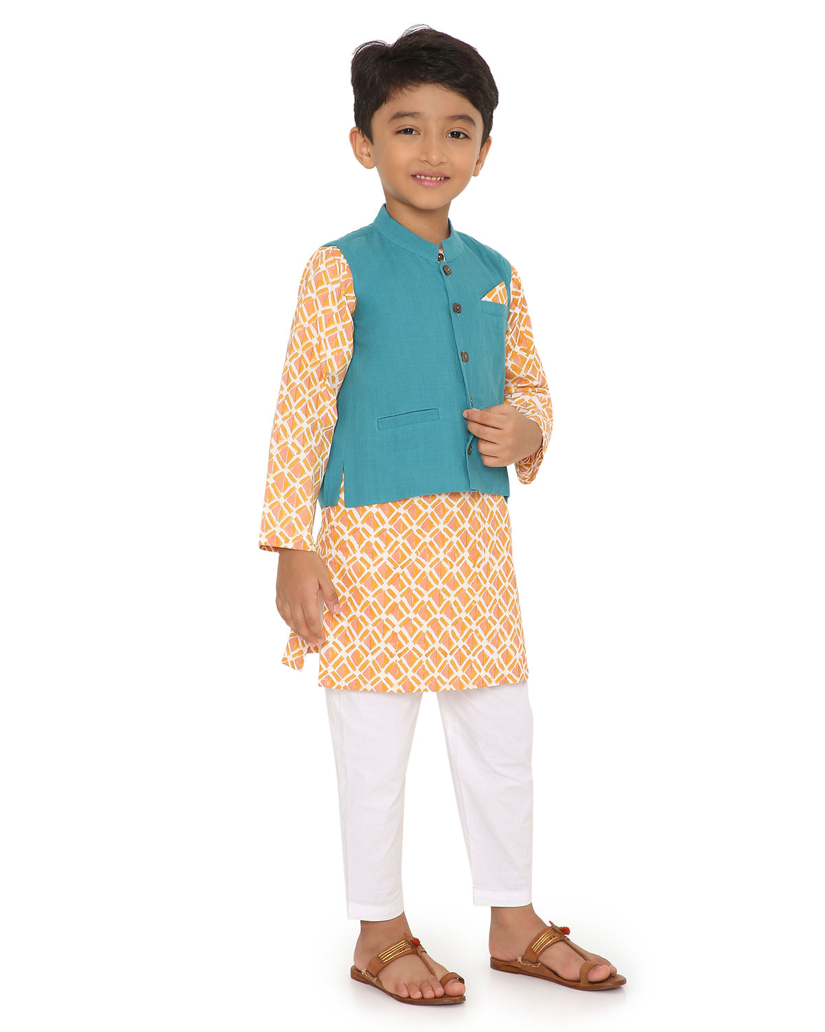 Genda Handblock Printed Kurta with Churidaar & Jacket, Orange and Blue