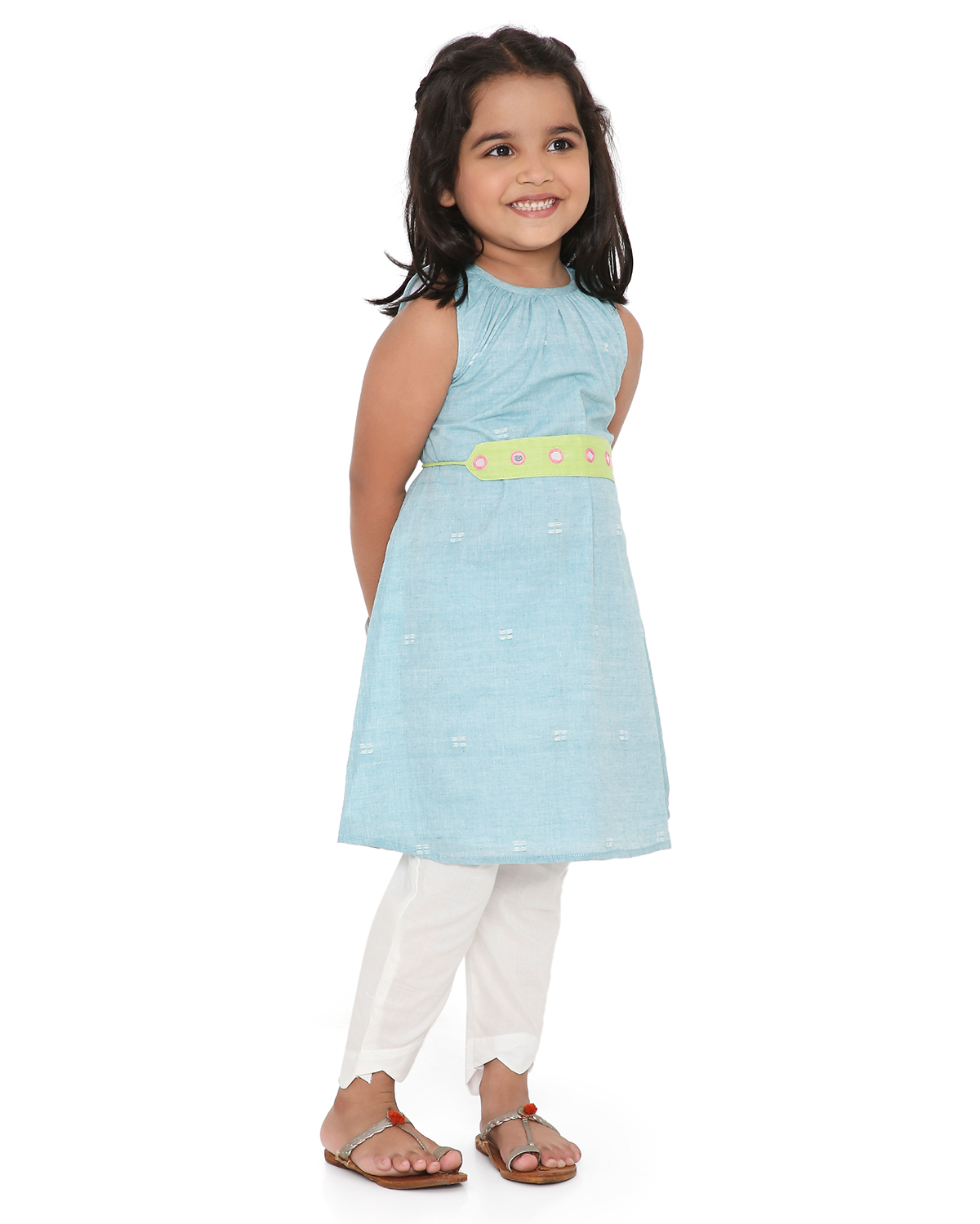 Baadal Kurta in Jamdani Cotton with Pyjama and Embroidered Belt, Blue