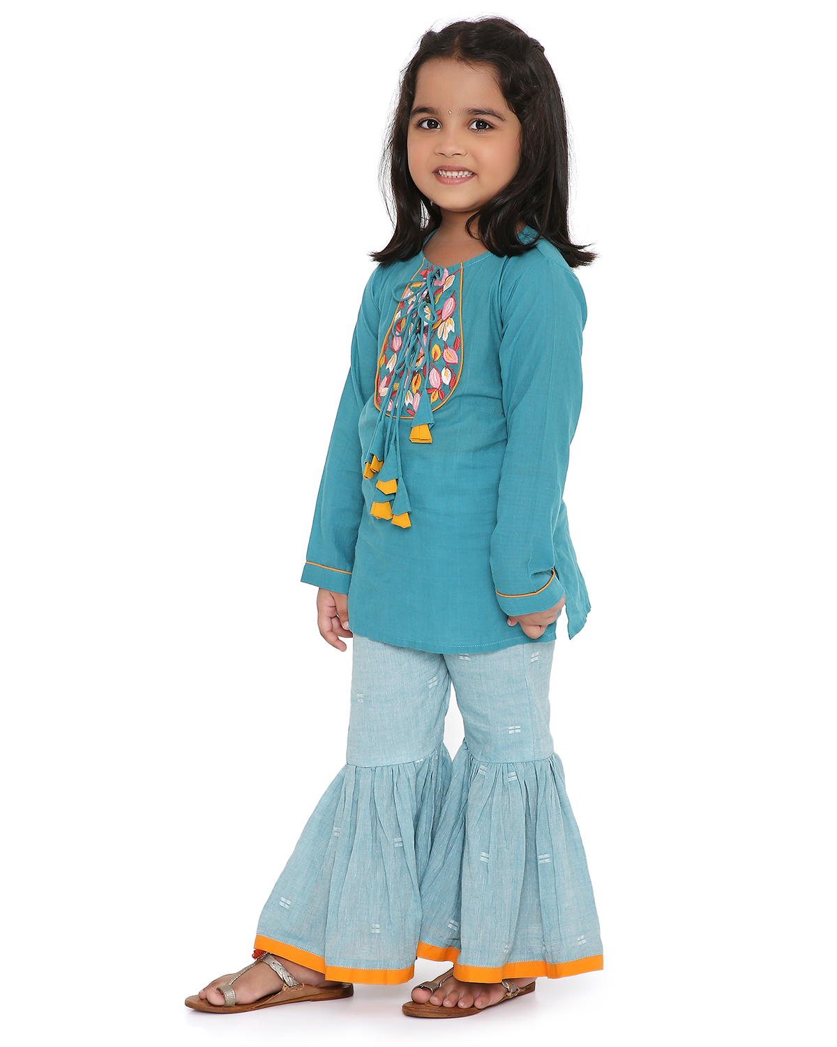 Ambar Embroidered Full Sleeves Kurta with Sharara Pants, Blue