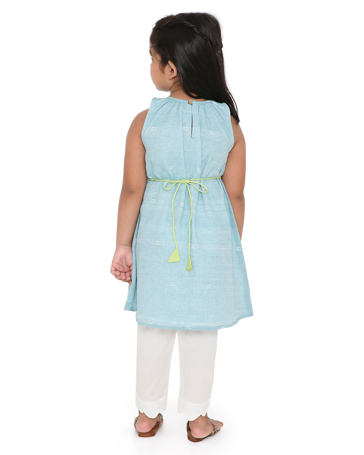 Baadal Kurta in Jamdani Cotton with Pyjama and Embroidered Belt, Blue