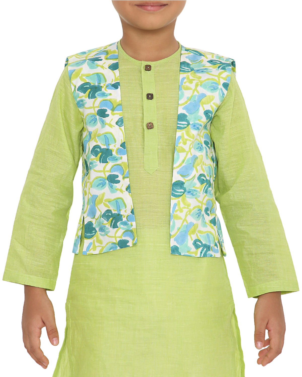 Nimbu Cotton Kurta with Handblock Printed Jacket and Pyjama Set, Green