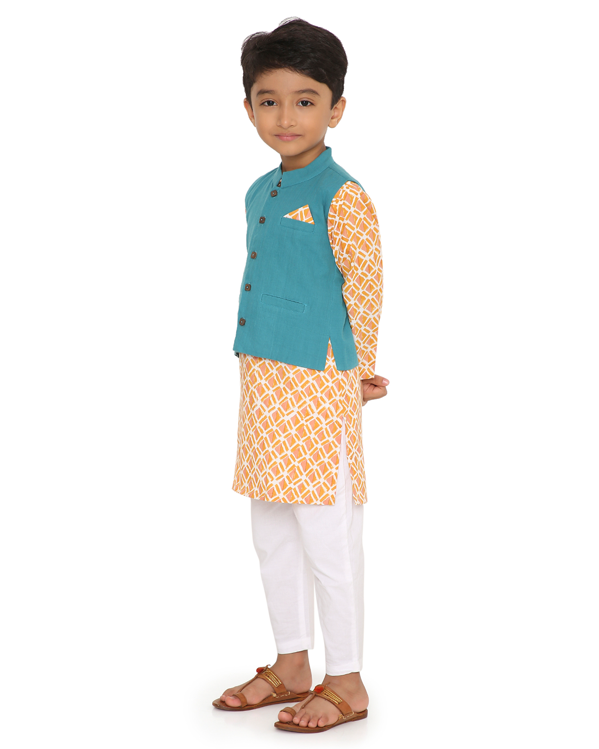 Genda Handblock Printed Kurta with Churidaar & Jacket, Orange and Blue