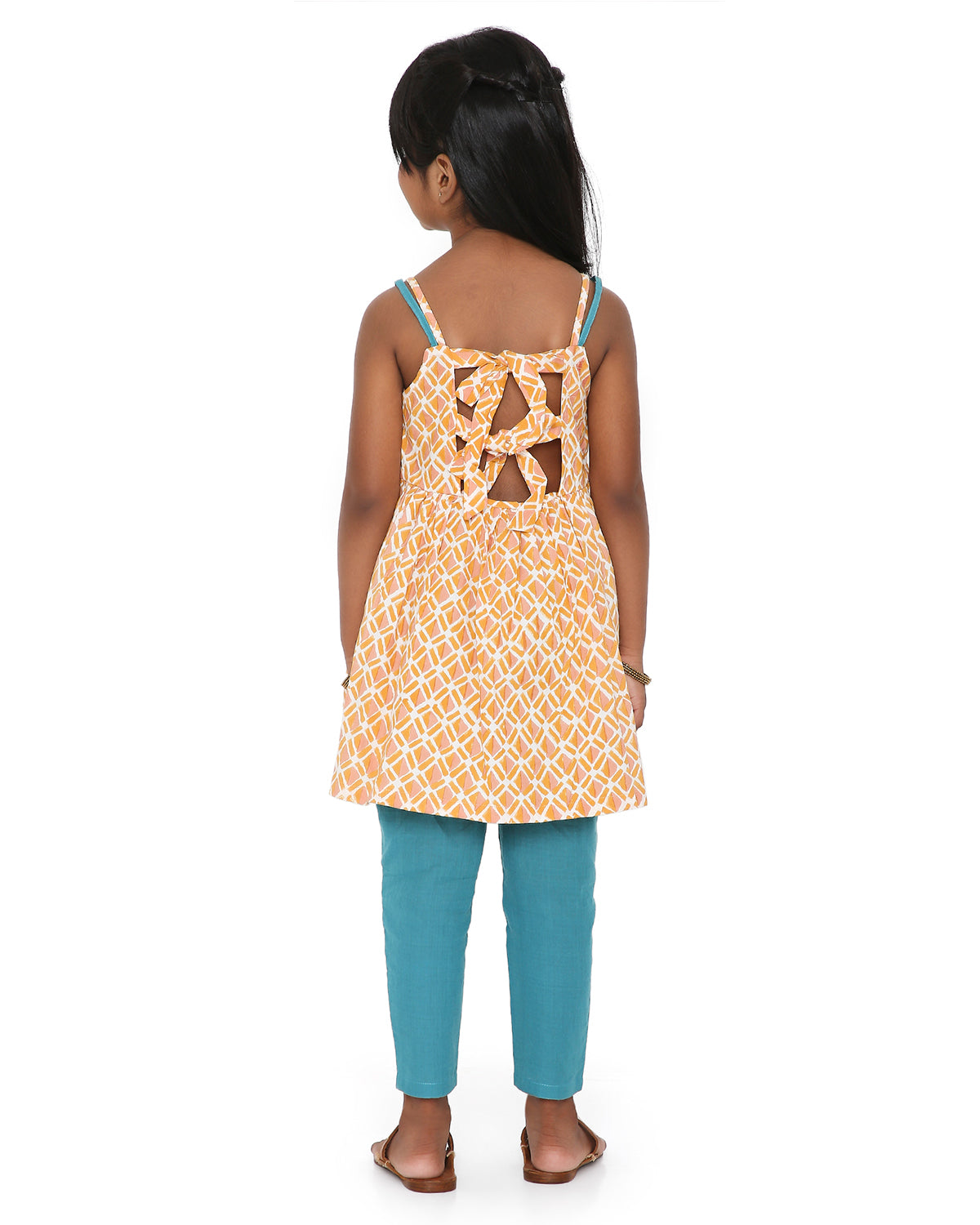 Genda Handblock Printed Kurta with Pyjama, Orange and Blue