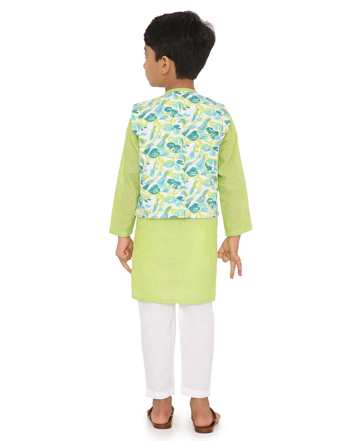 Nimbu Cotton Kurta with Handblock Printed Jacket and Pyjama Set, Green