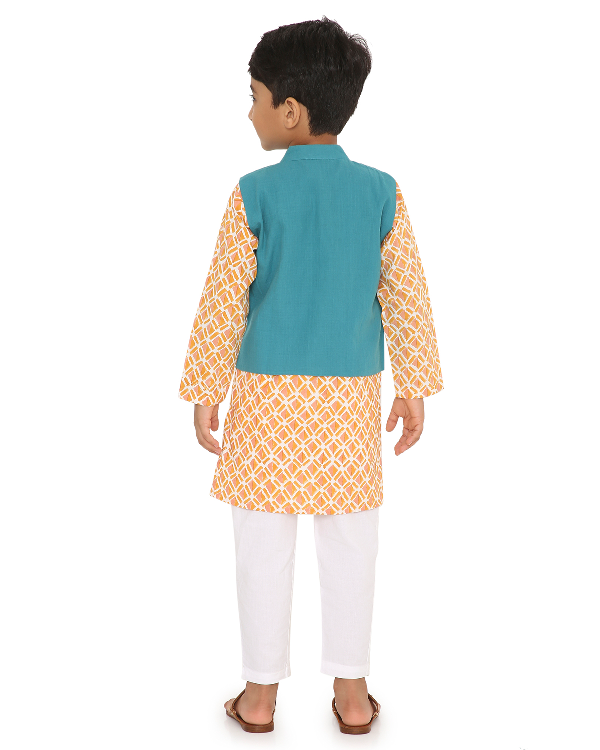 Genda Handblock Printed Kurta with Churidaar & Jacket, Orange and Blue