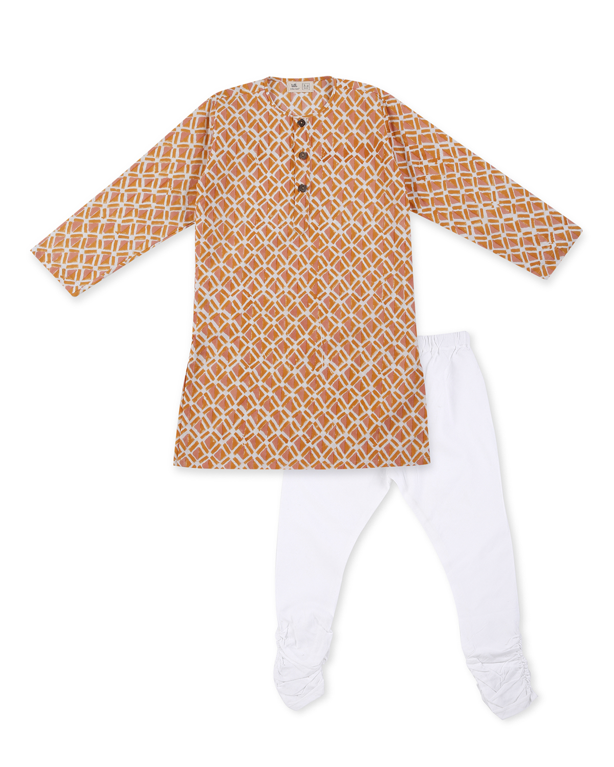 Genda Handblock Printed Kurta with Churidaar & Jacket, Orange and Blue