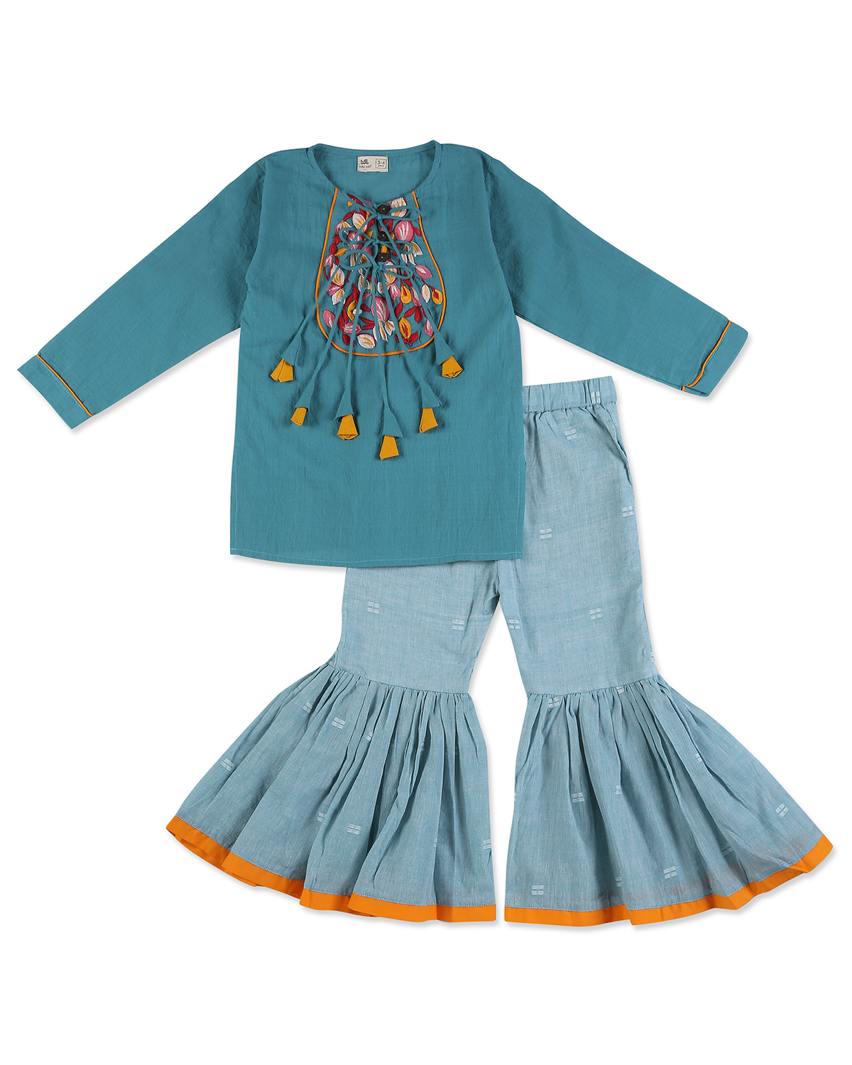 Ambar Embroidered Full Sleeves Kurta with Sharara Pants, Blue