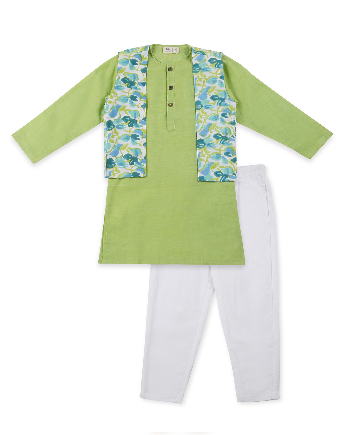 Nimbu Cotton Kurta with Handblock Printed Jacket and Pyjama Set, Green