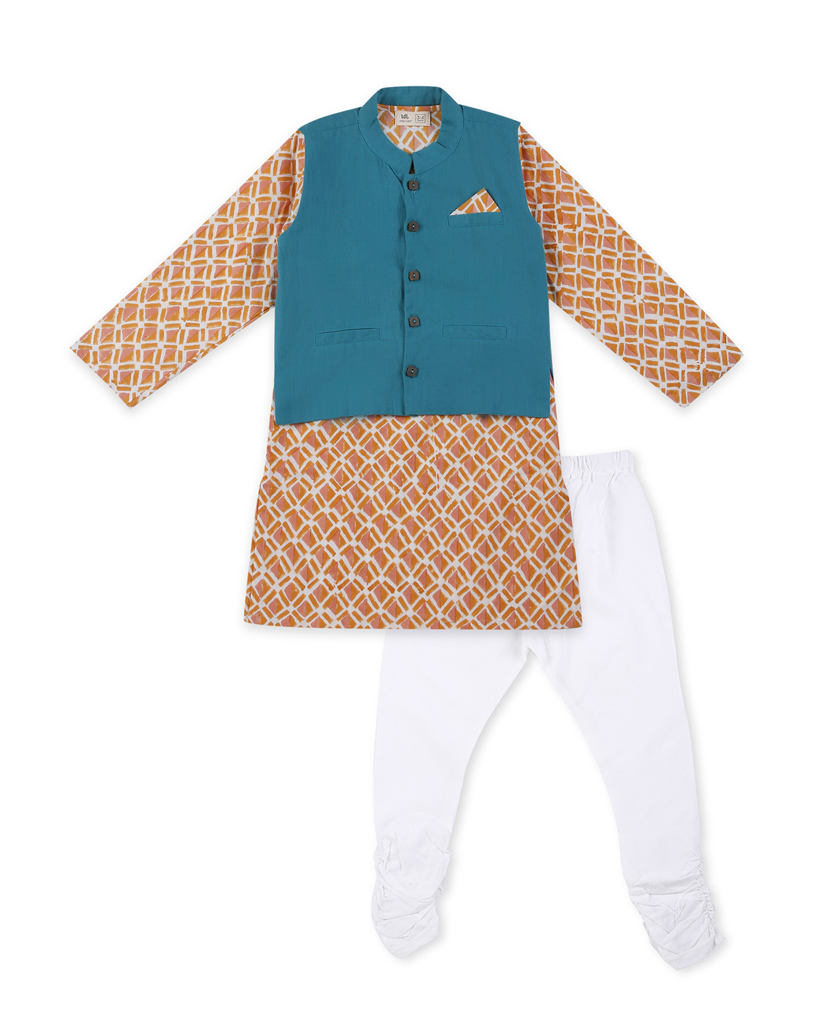 Genda Handblock Printed Kurta with Churidaar & Jacket, Orange and Blue