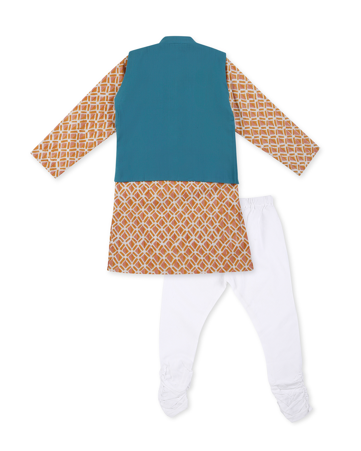 Genda Handblock Printed Kurta with Churidaar & Jacket, Orange and Blue