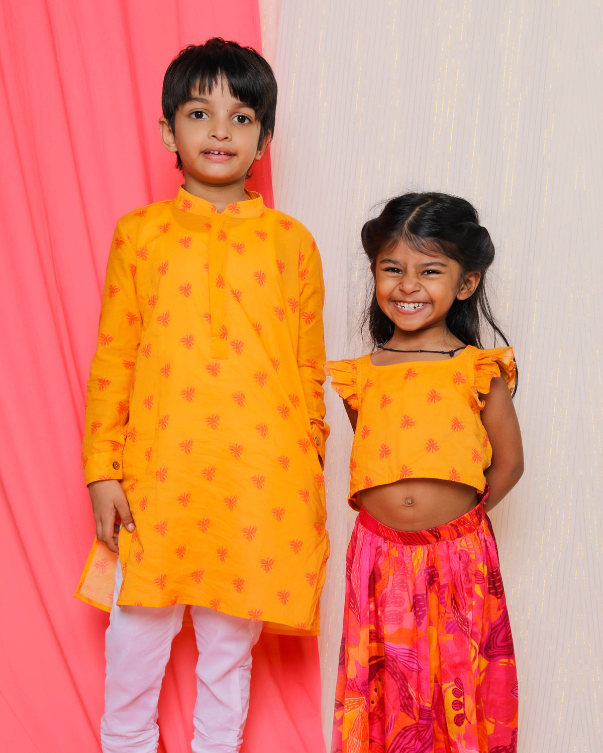 Palash Lehenga Set with Embroidered Dupatta, Pink & Yellow | Rescue