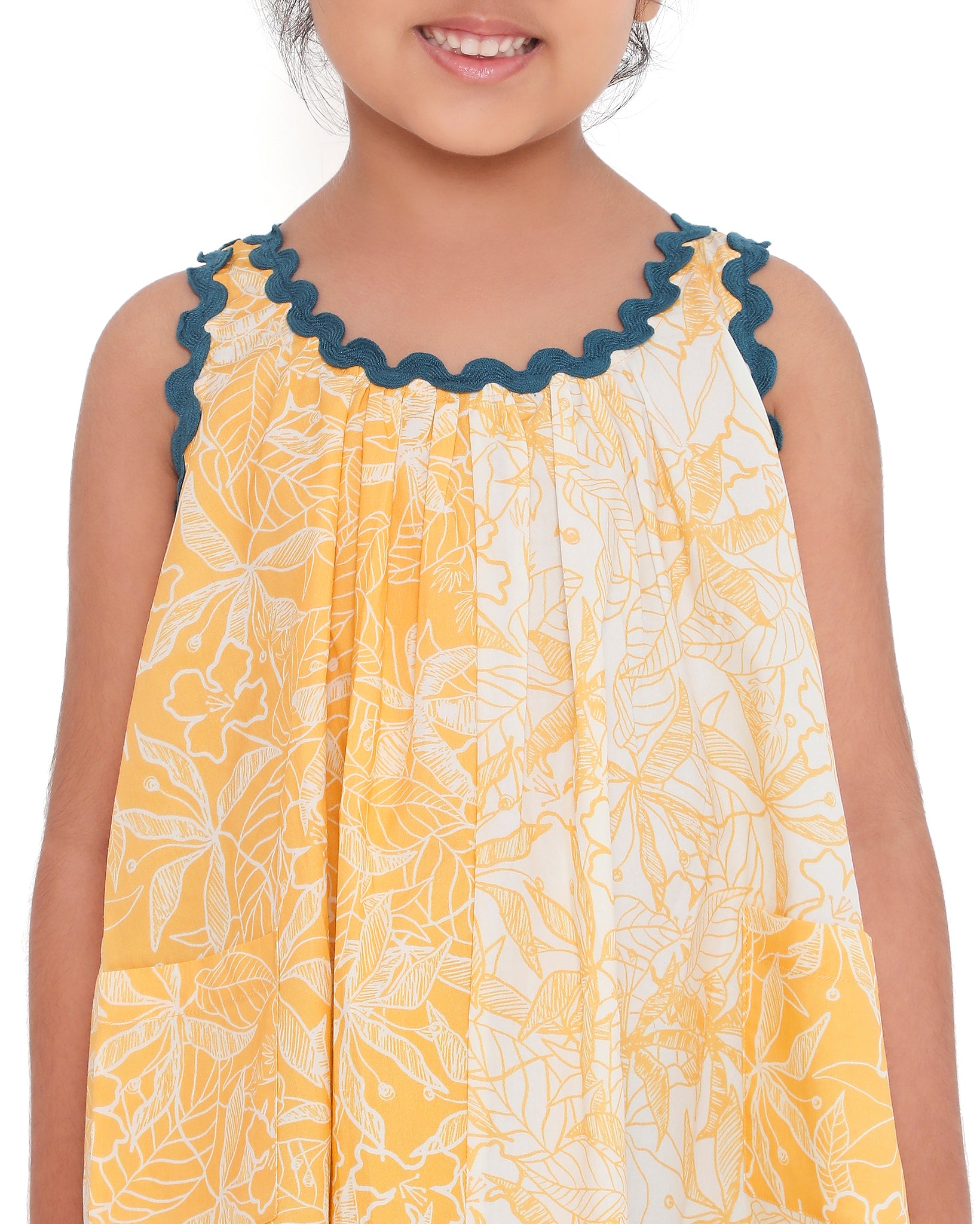 Buttercup Floral Printed Cotton Flare Dress, Yellow