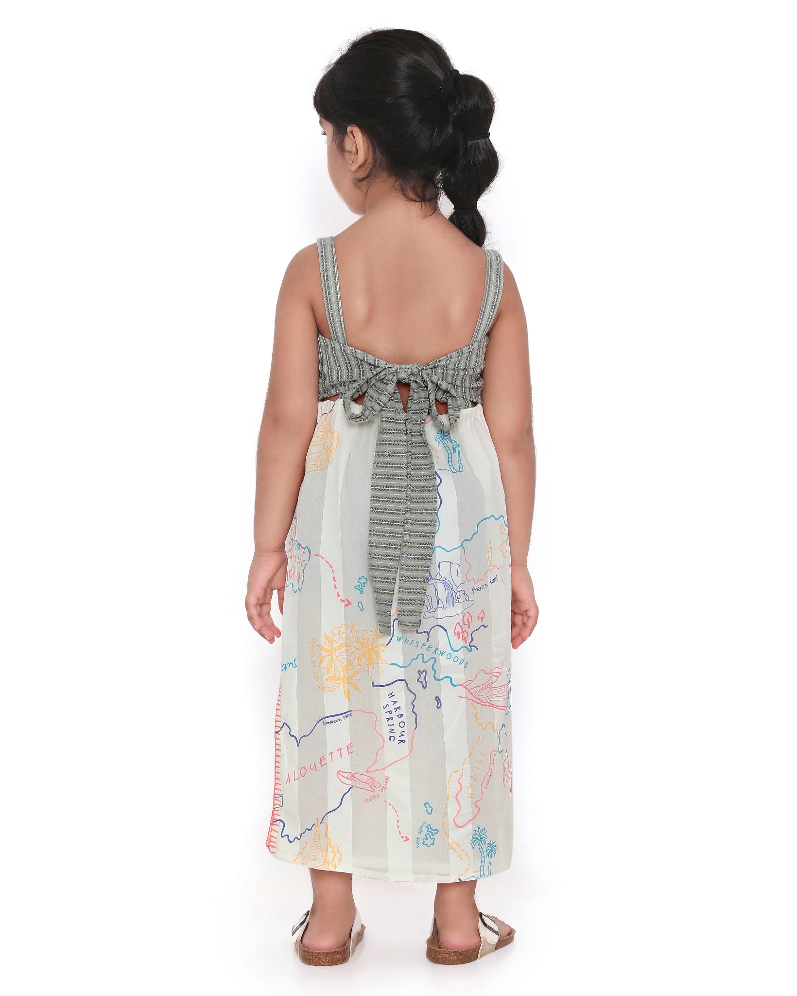 Voyager Trails Printed Sleeveless Cotton Midi Dress with Tie-Up, Greeen and Off-White