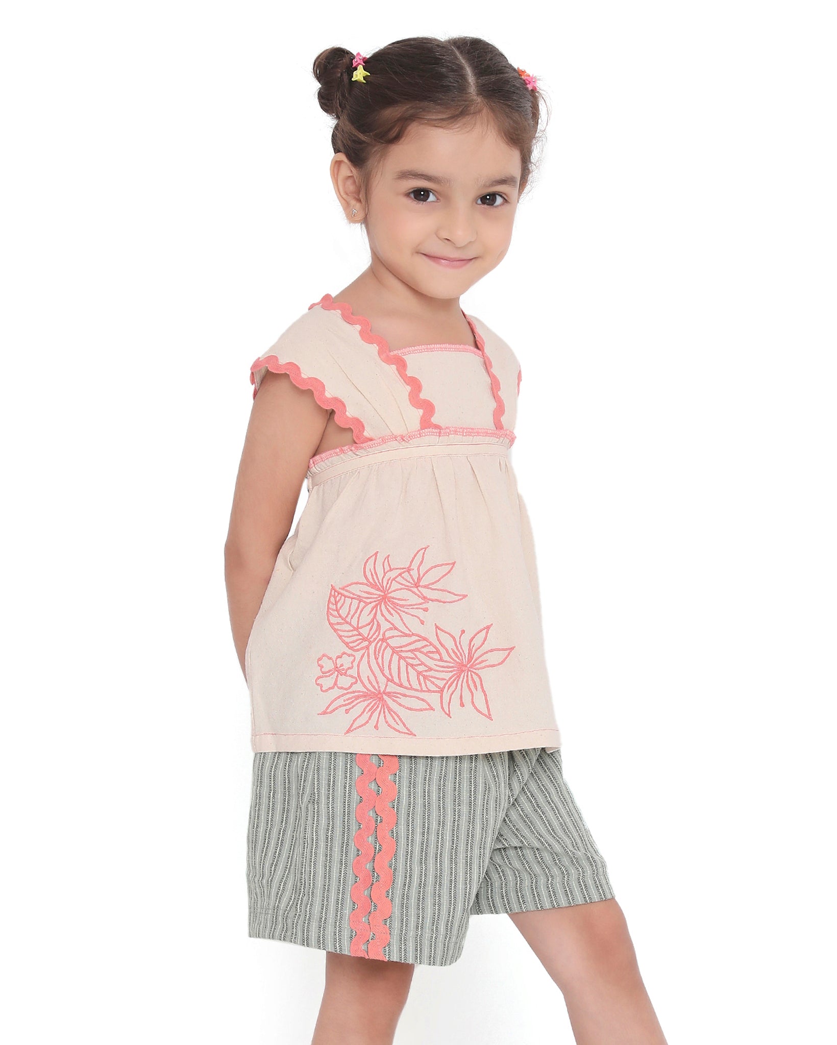 Lillete Embroidered Sleeveless Cotton Flare Top, Off-White and Pink