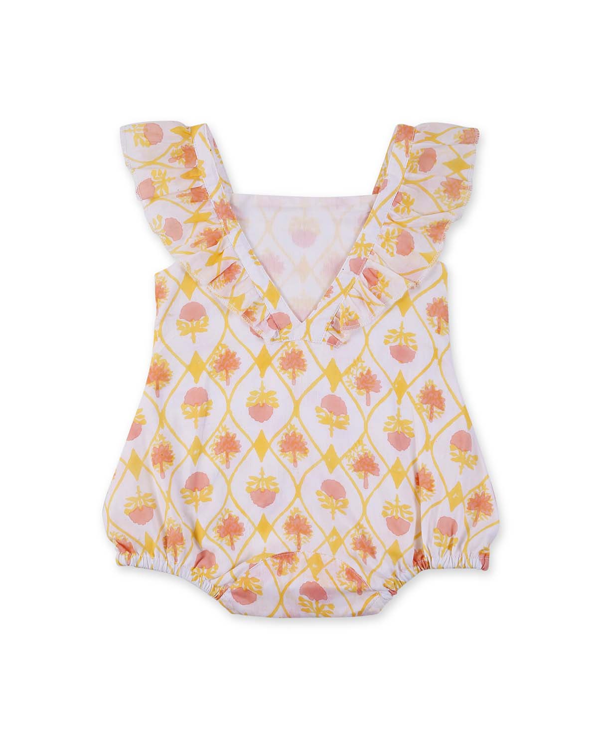 Zahra Handblock Printed Infant Onesie with Detachable Lehenga Skirt and Matching Clips, Yellow