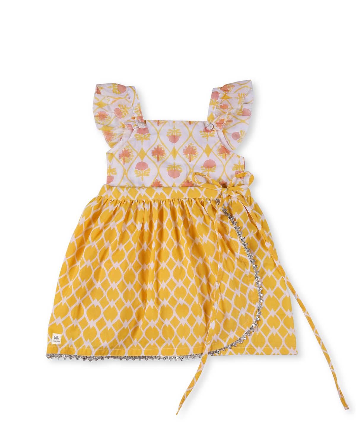 Zahra Handblock Printed Infant Onesie with Detachable Lehenga Skirt and Matching Clips, Yellow