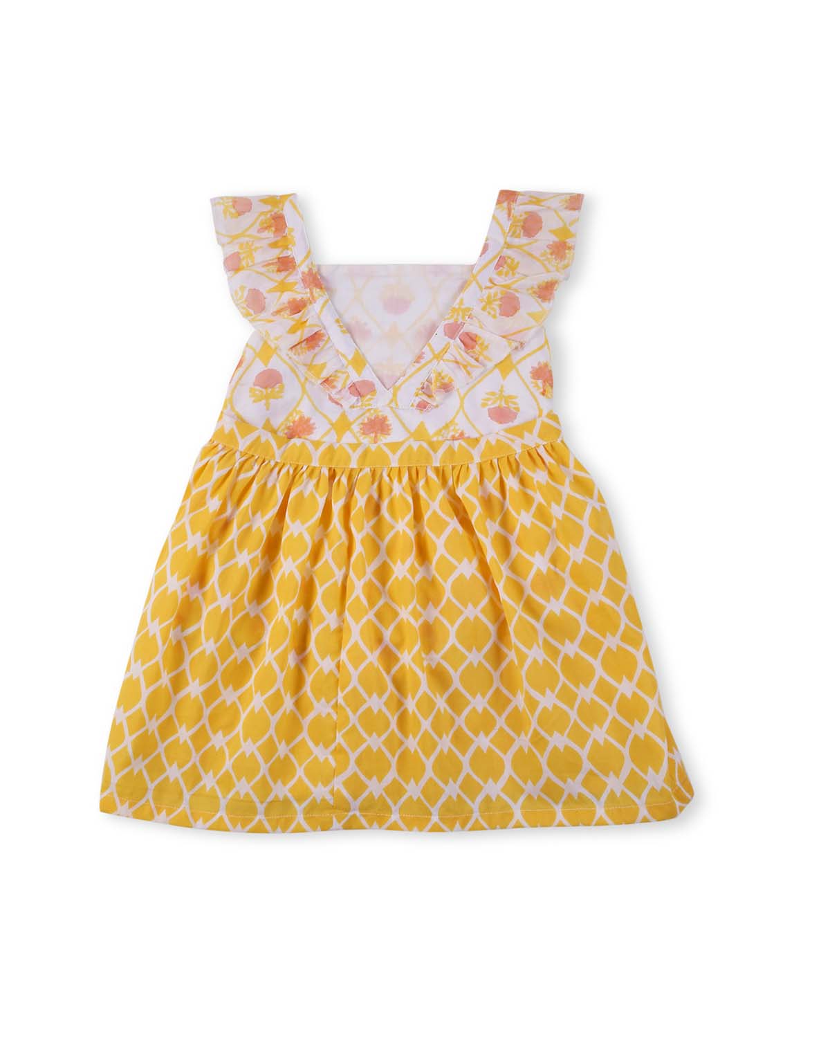 Zahra Handblock Printed Infant Onesie with Detachable Lehenga Skirt and Matching Clips, Yellow