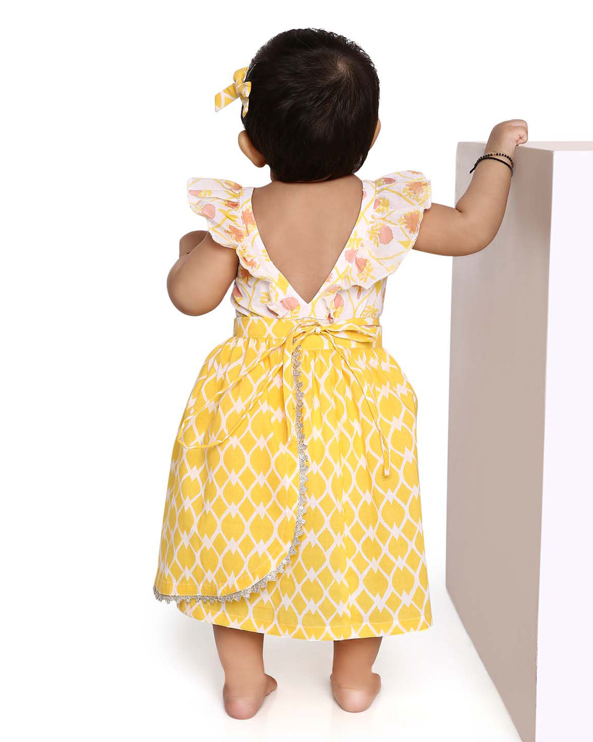 Zahra Handblock Printed Infant Onesie with Detachable Lehenga Skirt and Matching Clips, Yellow