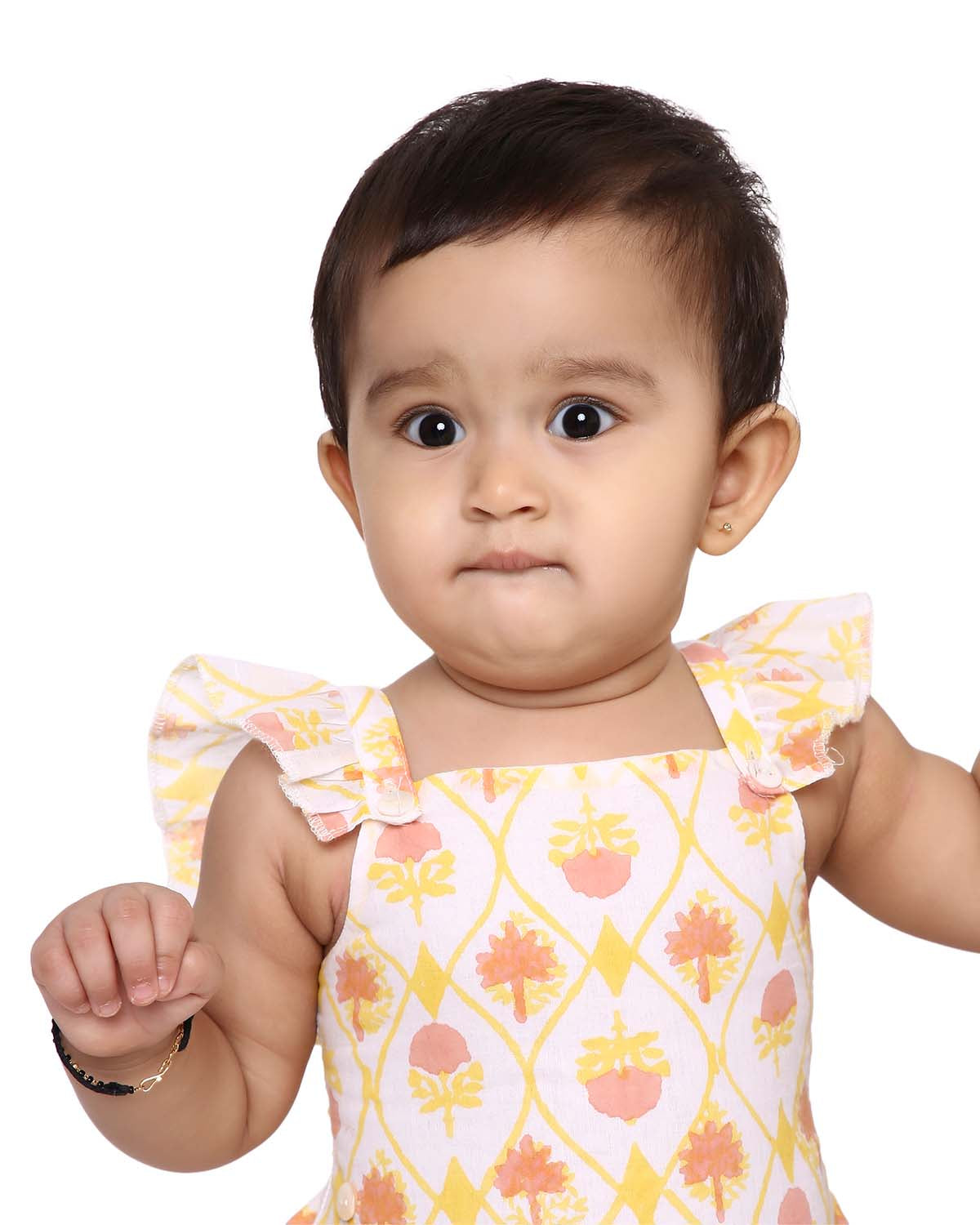 Zahra Handblock Printed Infant Onesie with Detachable Lehenga Skirt and Matching Clips, Yellow