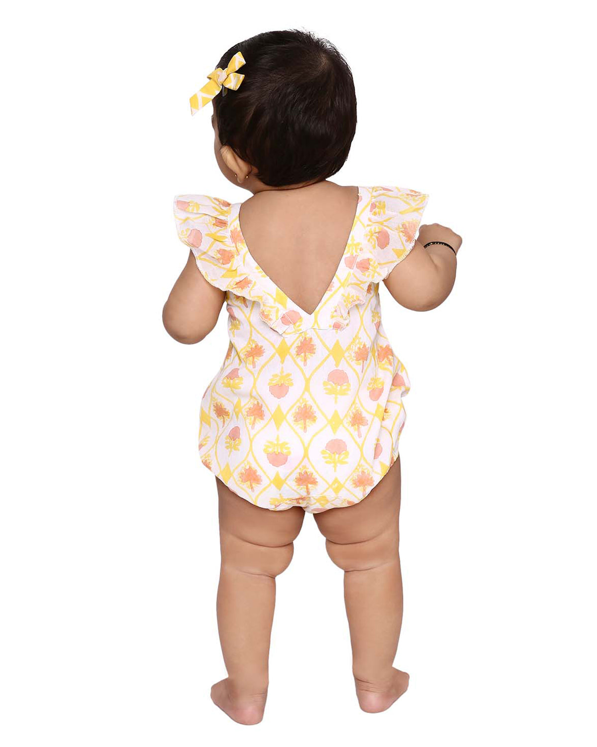 Zahra Handblock Printed Infant Onesie with Detachable Lehenga Skirt and Matching Clips, Yellow