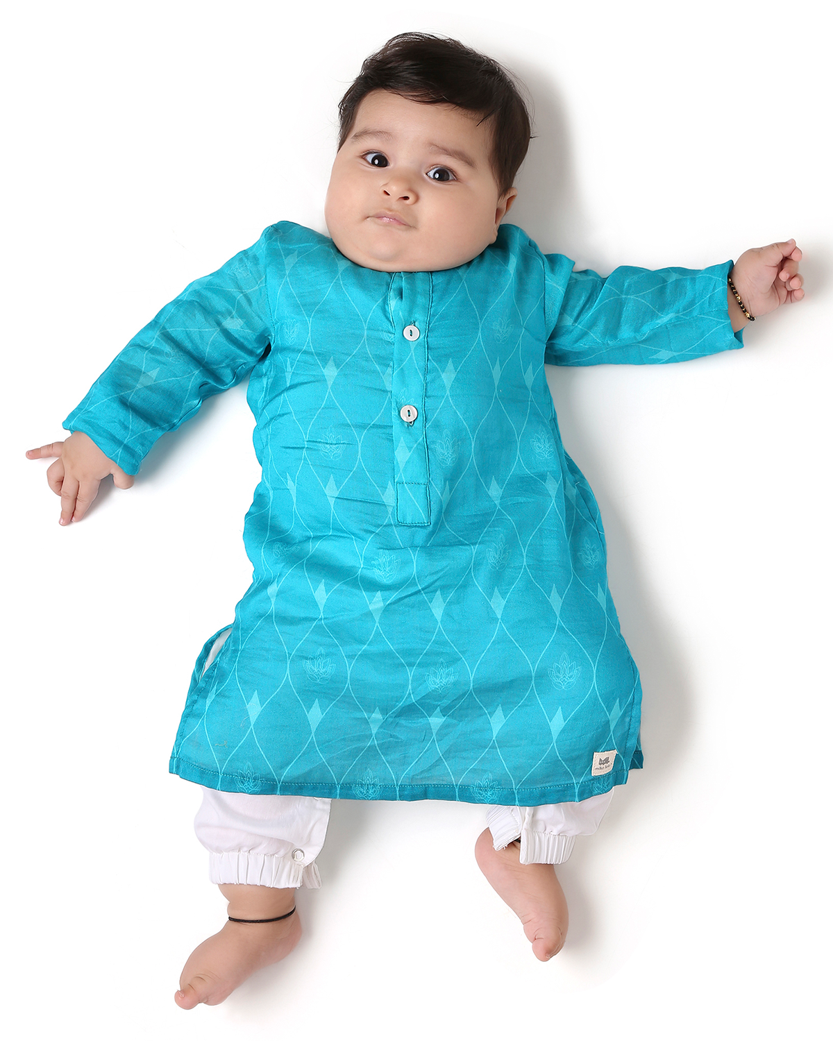 Firoza Chanderi Printed Infant Kurta with Attached Pyjama (Onesie), Turquoise Blue