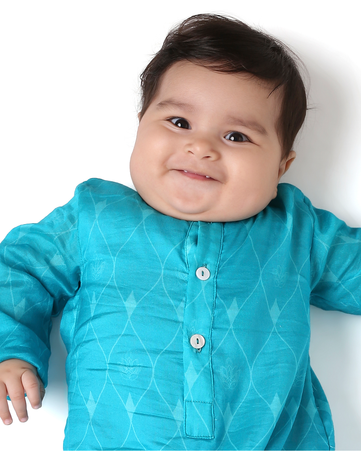 Firoza Chanderi Printed Infant Kurta with Attached Pyjama (Onesie), Turquoise Blue