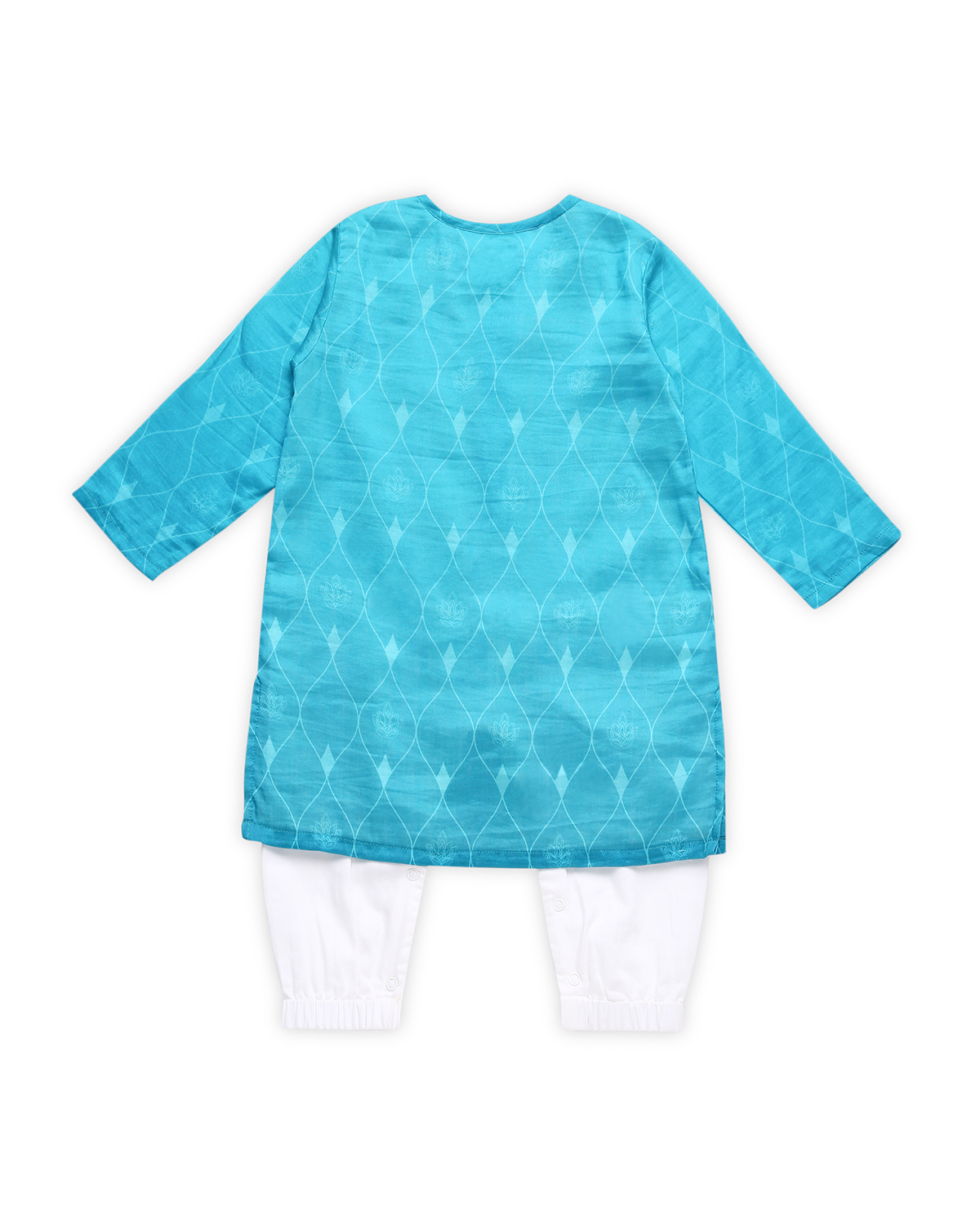 Firoza Chanderi Printed Infant Kurta with Attached Pyjama (Onesie), Turquoise Blue