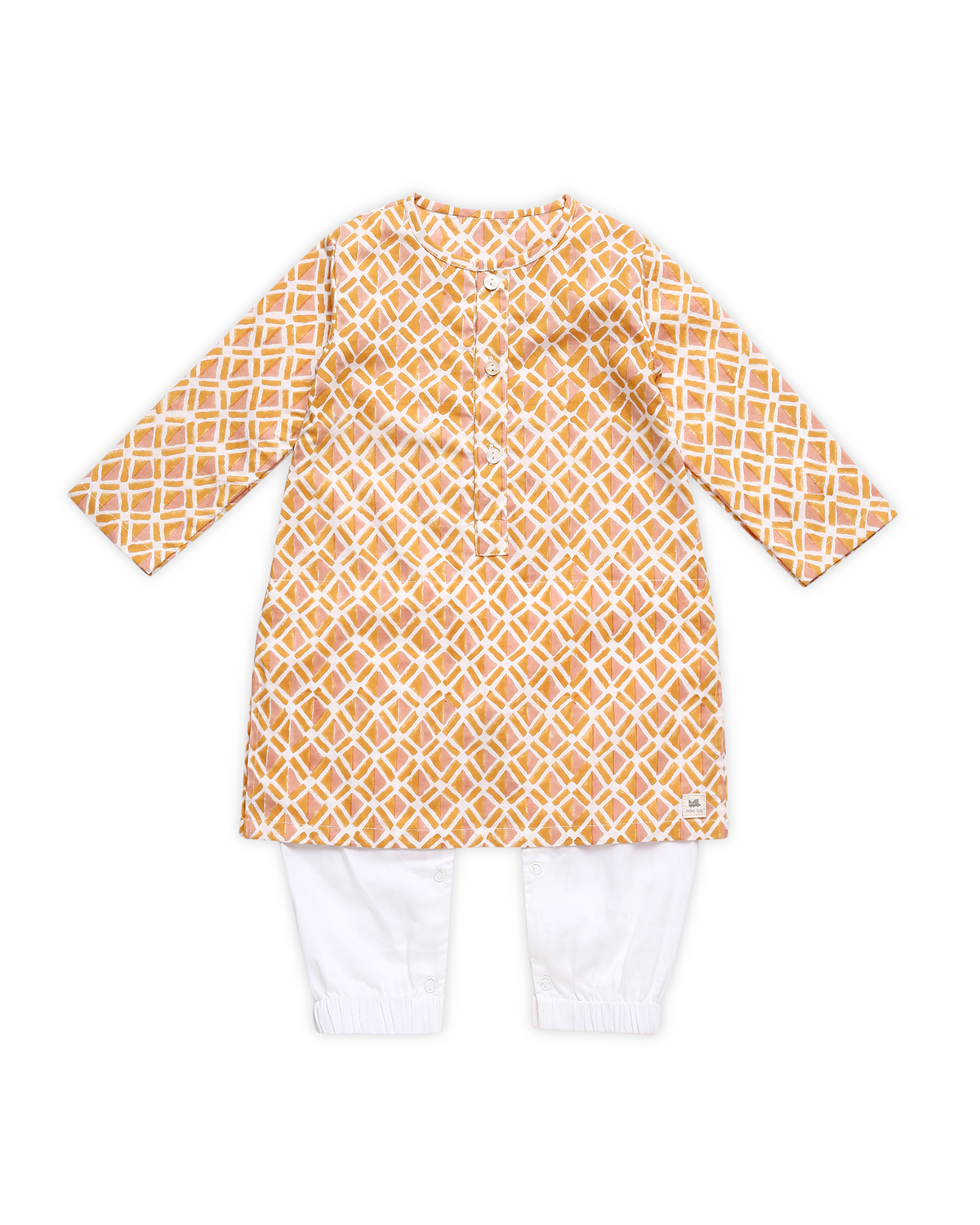 Genda Handblock Printed Infant Kurta with Attached Pyjama (Onesie), Orange