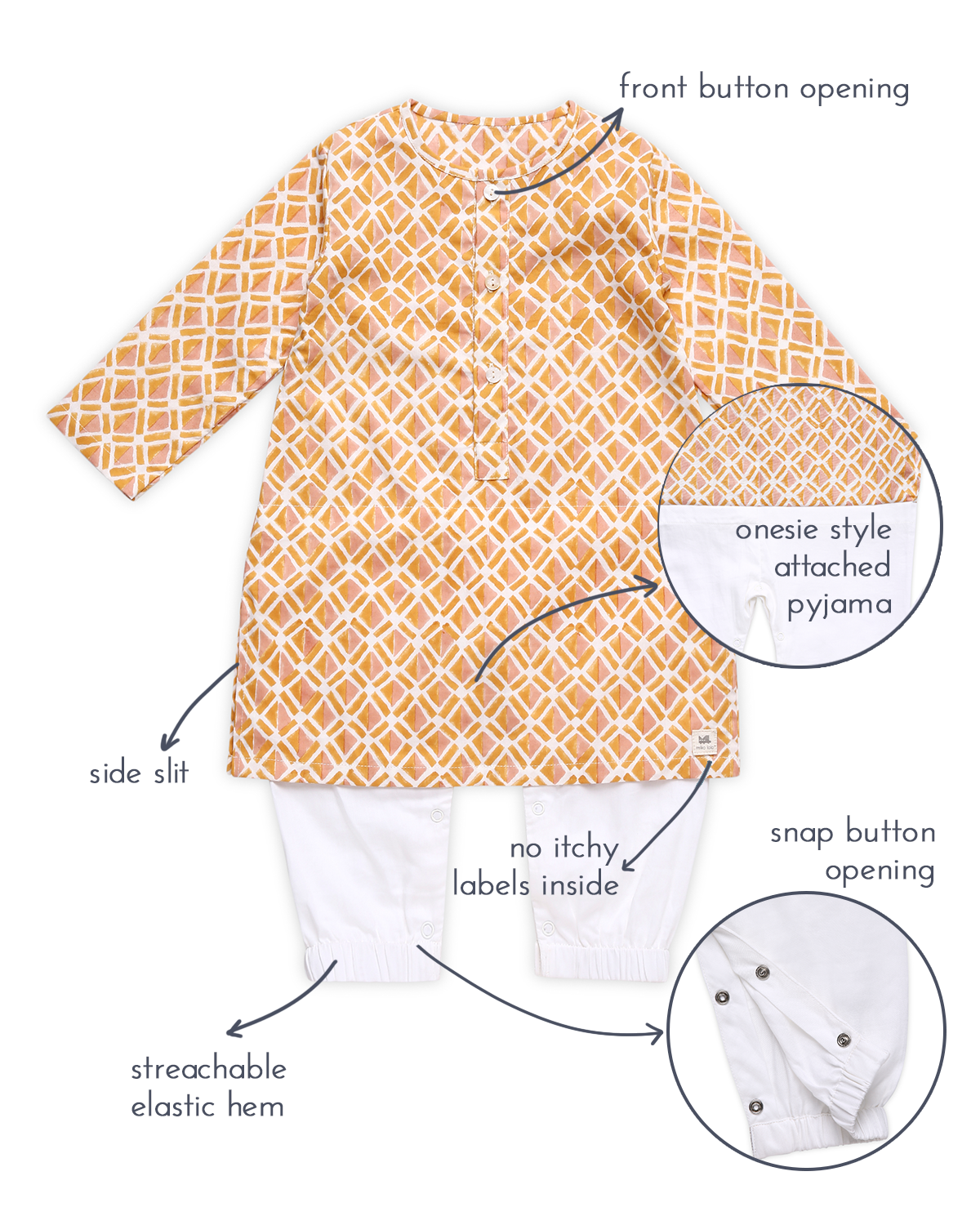 Genda Handblock Printed Infant Kurta with Attached Pyjama (Onesie), Orange