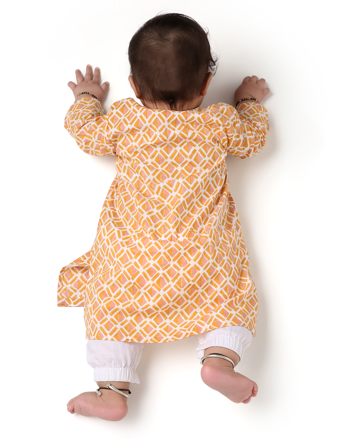 Genda Handblock Printed Infant Kurta with Attached Pyjama (Onesie), Orange