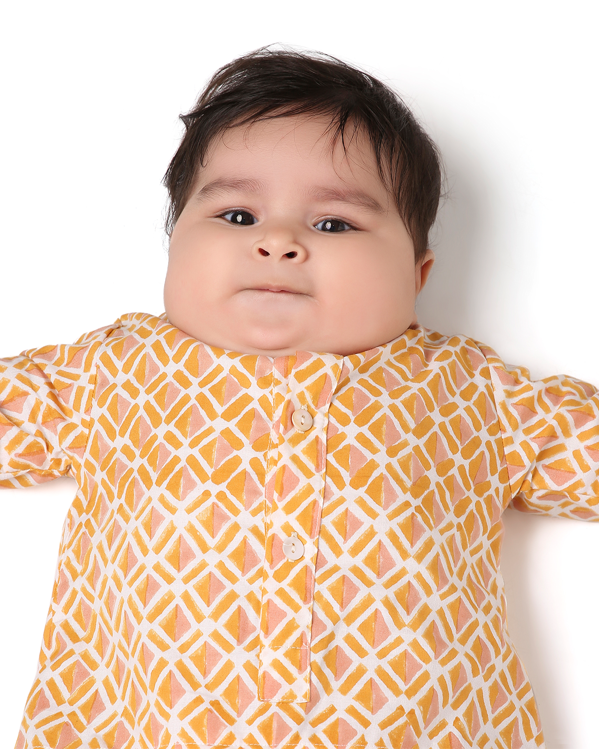 Genda Handblock Printed Infant Kurta with Attached Pyjama (Onesie), Orange