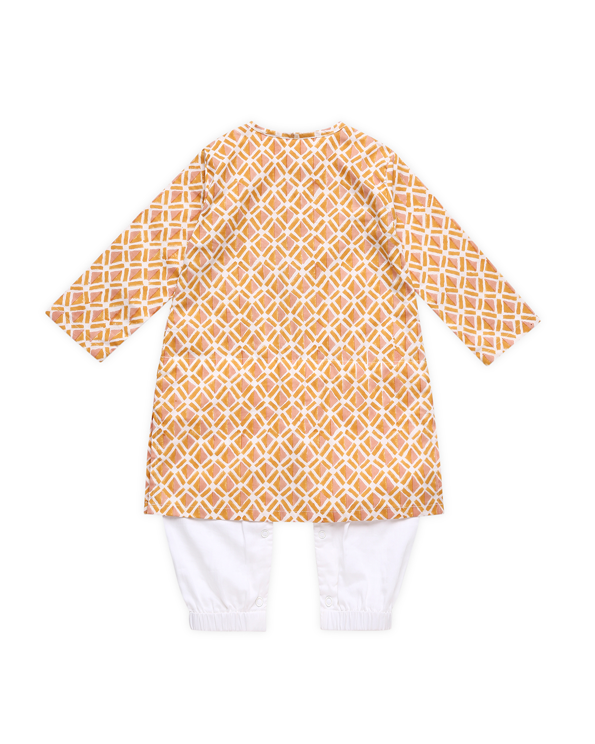 Genda Handblock Printed Infant Kurta with Attached Pyjama (Onesie), Orange