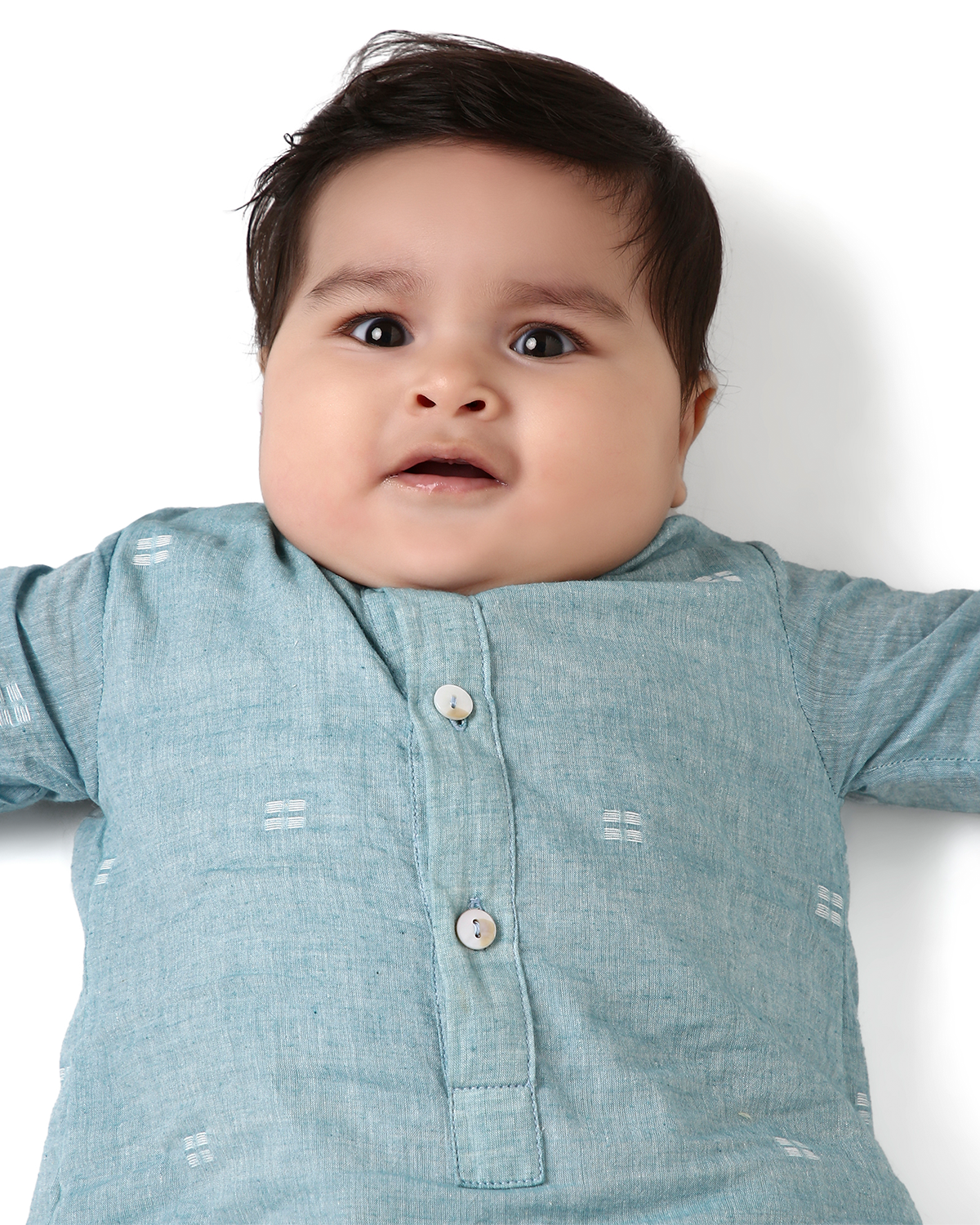 Baadal Infant Kurta with Attached Pyjama (Onesie) in Jamdani Cotton, Blue