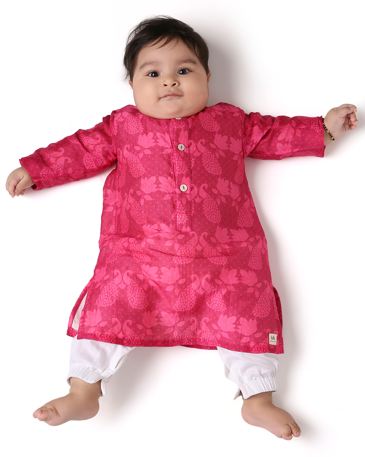 Maanik Chanderi Peacock Printed Infant Kurta with Attached Pyjama (Onesie), Magenta